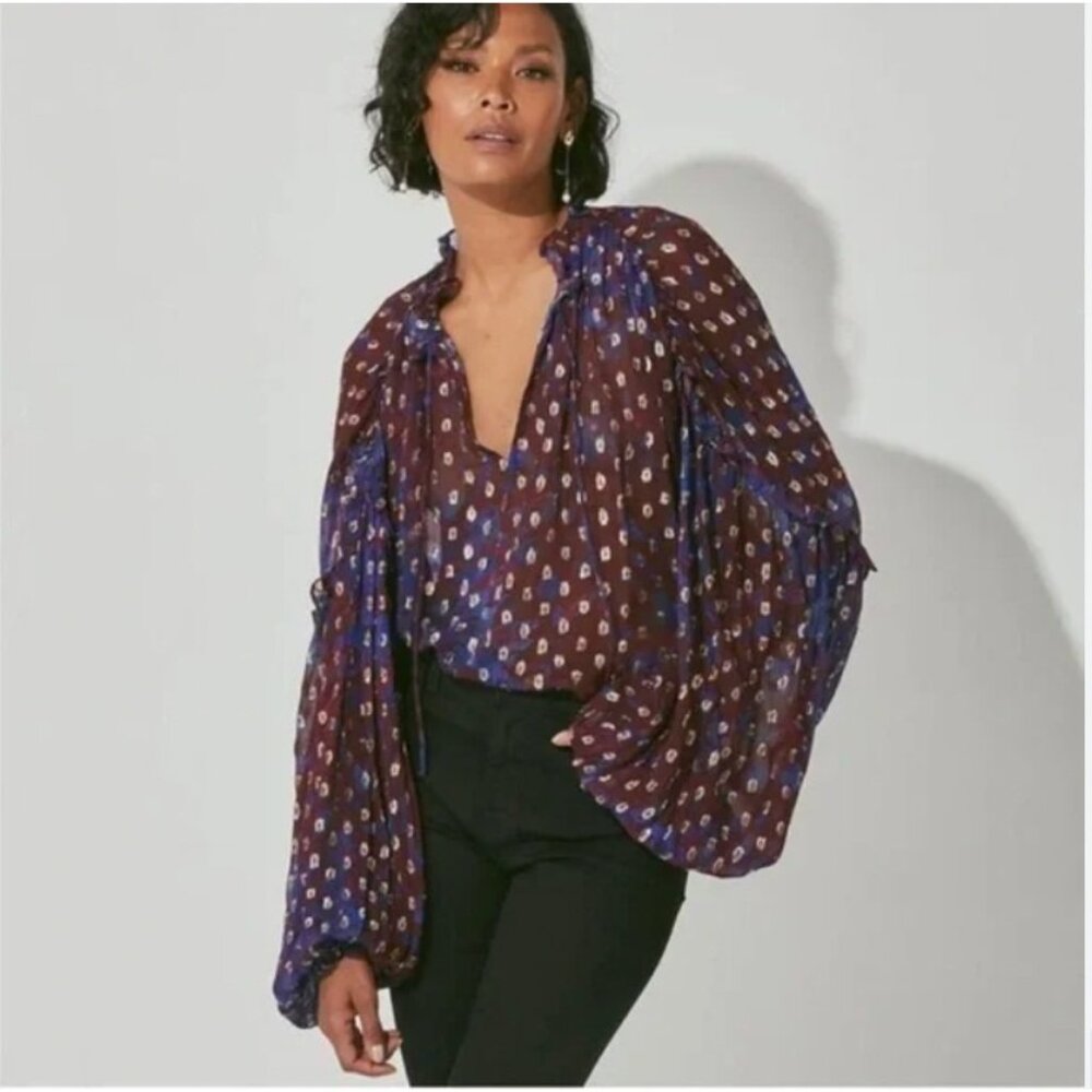 Cleobella Dara Blouse Womens XS Multicolor Geometric Sheer Ruffle V Neck Top